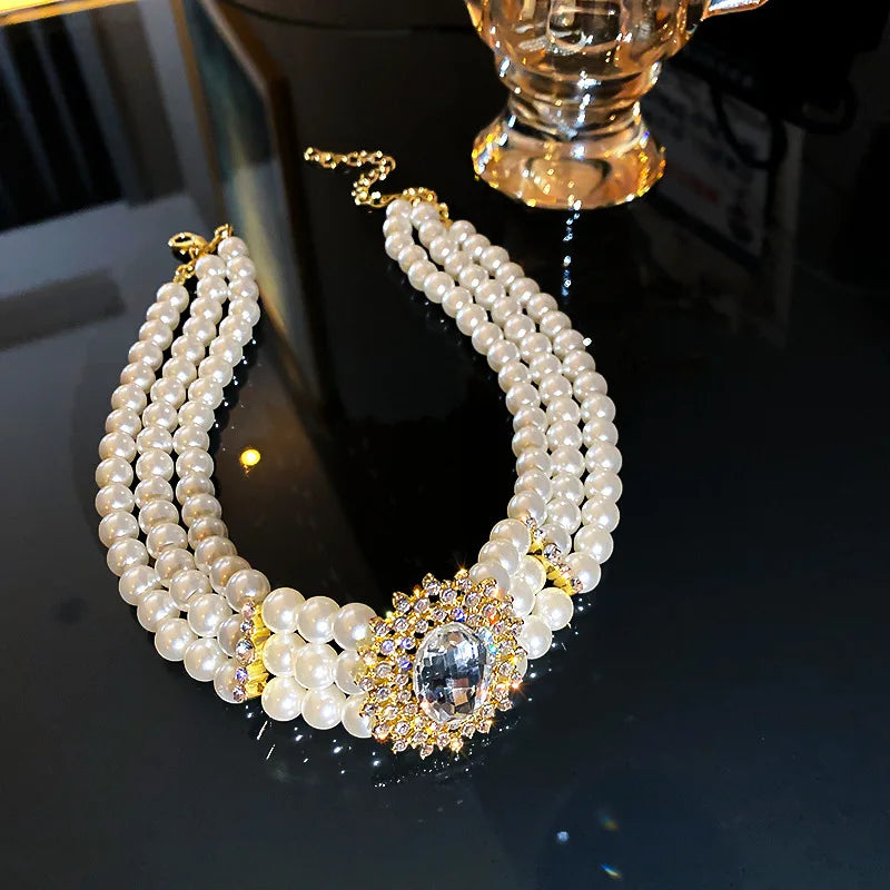Vintage Style Pearl Choker Necklace Crystal Short Party Jewelry