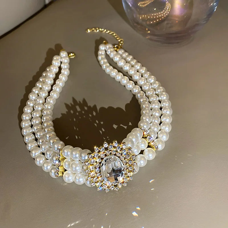 Vintage Style Pearl Choker Necklace Crystal Short Party Jewelry