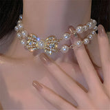 Pearl Bowknot Pendant Necklace Rhinestone Temperament