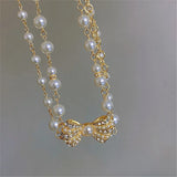 Pearl Bowknot Pendant Necklace Rhinestone Temperament