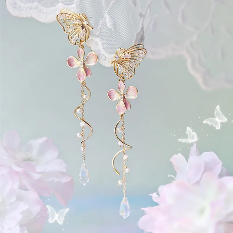 Butterfly Flower Pearl Tassel Earrings for Women