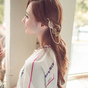 Golden Hollow Leaf Head Chain Tassel Hairpins for Women Hair Clip