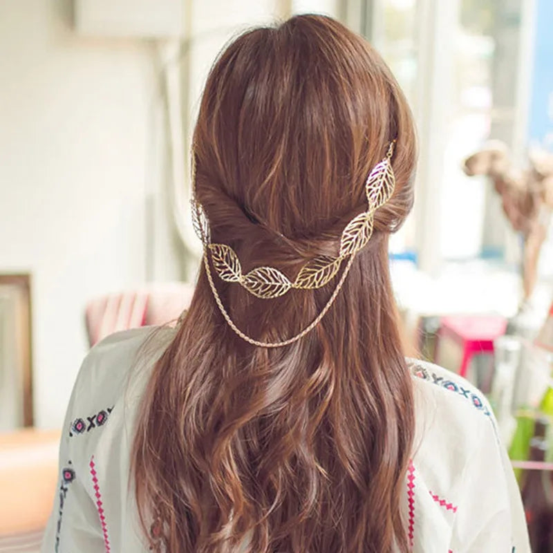 Golden Hollow Leaf Head Chain Tassel Hairpins for Women Hair Clip
