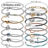 925 Silver Bracelet Butterfly Clasp T-bar Heart Pave Link DIY Bangle