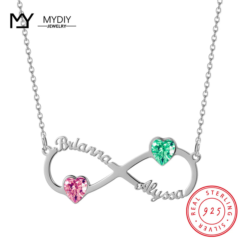 925 Silver Custom Infinite Loop Name Necklace with Birth Stone