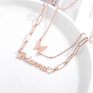Butterfly Name Necklace Pendants Stainless Steel Double Layer Choker