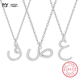 Arabic Letter 925 Sterling Silver Initial Necklace Point Drill Pendant