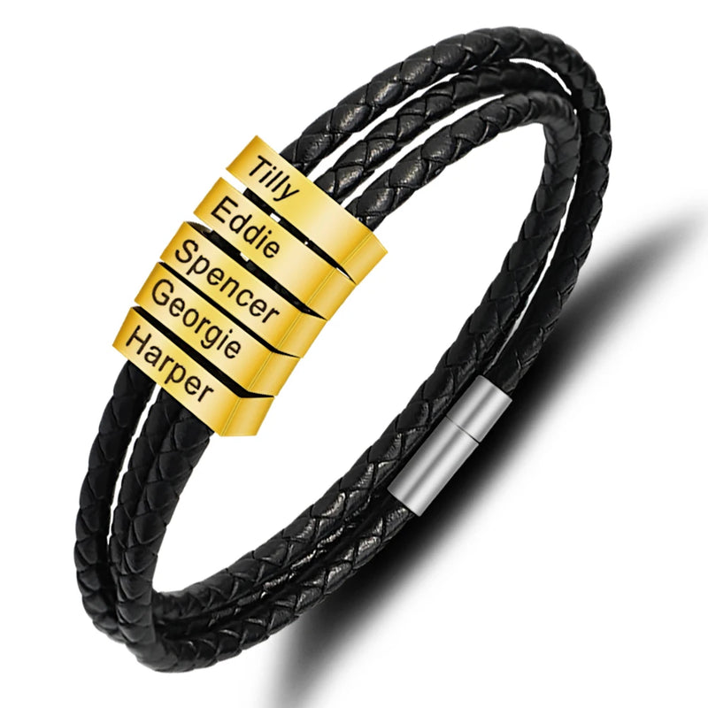 Personalized Men Leather Braided Bracelet with Custom Family Names