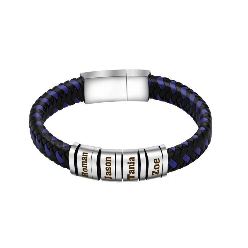 Personalized Family Names Men Bracelet Braided Leather Stainless Steel Beads