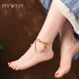 Nature Stones Vintage Women Anklets Chains, Summer Fashionable Brass Bell Anklet
