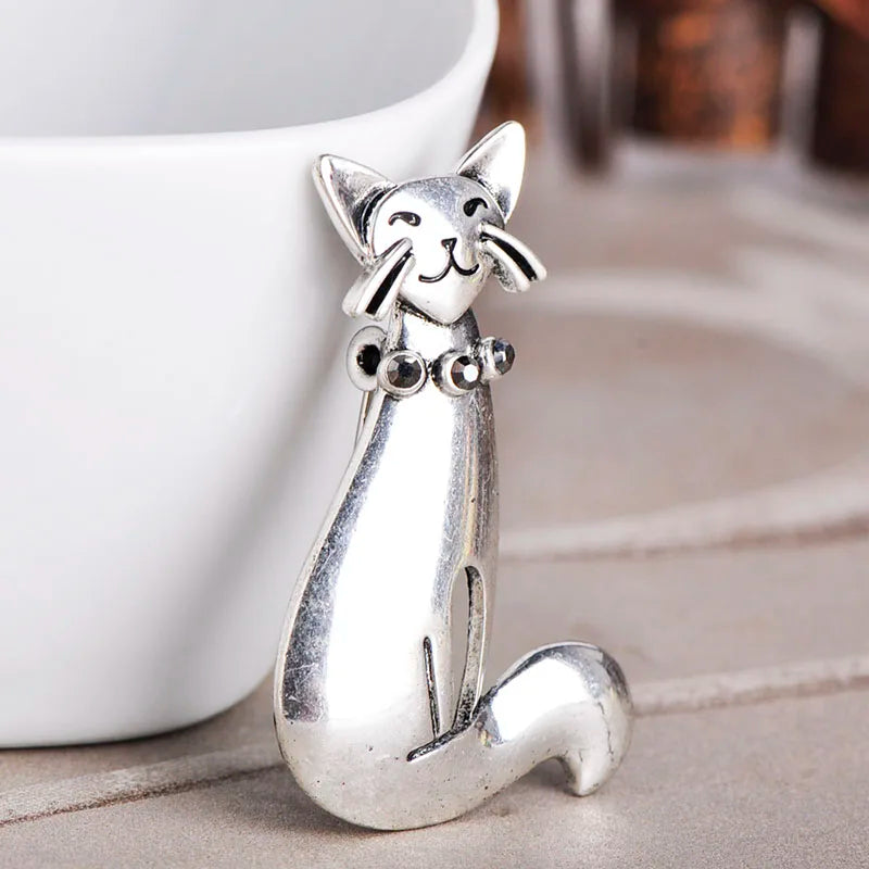 Vintage Silver Cat Brooch Crystal Animal Brooches Women Party Jewelry Pins