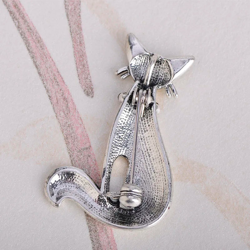 Vintage Silver Cat Brooch Crystal Animal Brooches Women Party Jewelry Pins