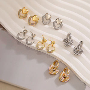 Gold/Silver Zircon Pearl Heart Geometric Earrings