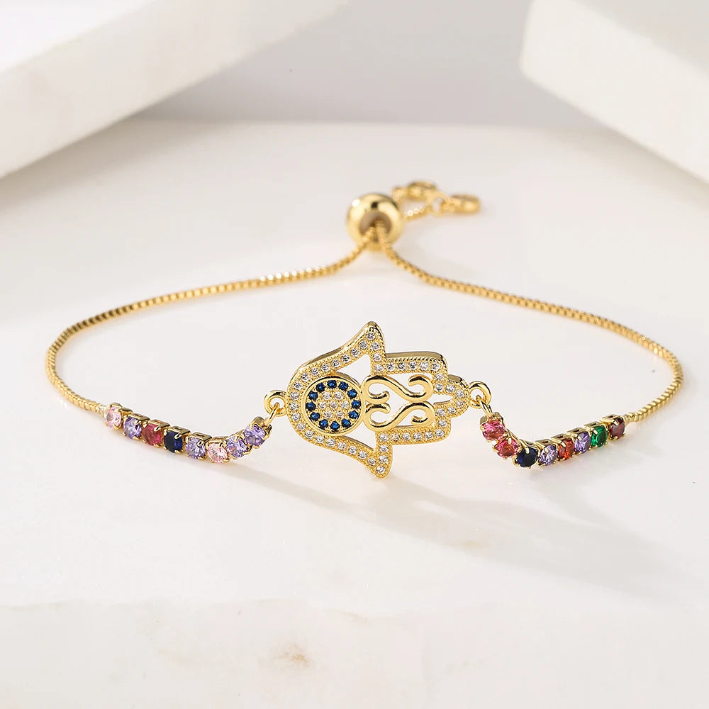 High Fatima Palm Bracelets with Zircon Inlay, Adjustable Chain Bracelet