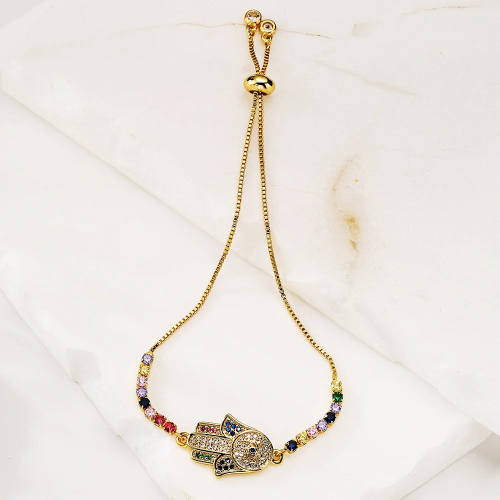 High Fatima Palm Bracelets with Zircon Inlay, Adjustable Chain Bracelet