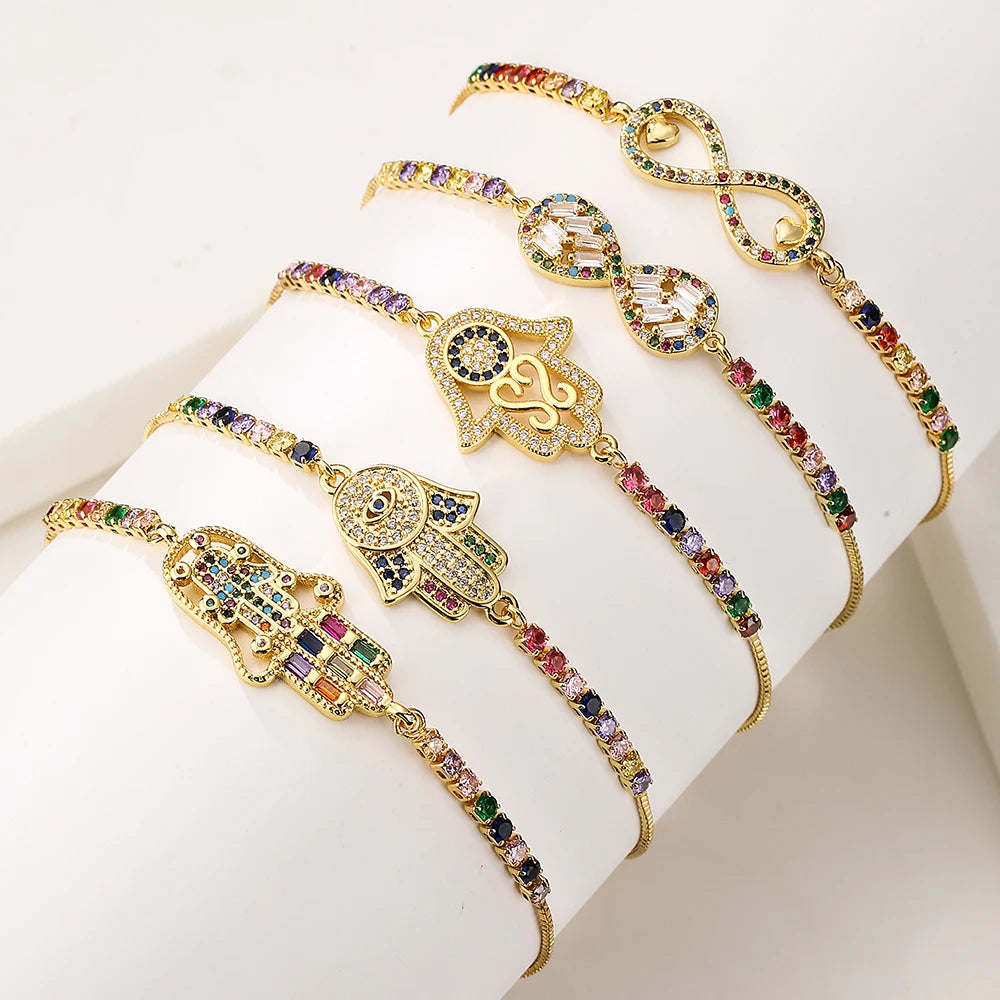 High Fatima Palm Bracelets with Zircon Inlay, Adjustable Chain Bracelet