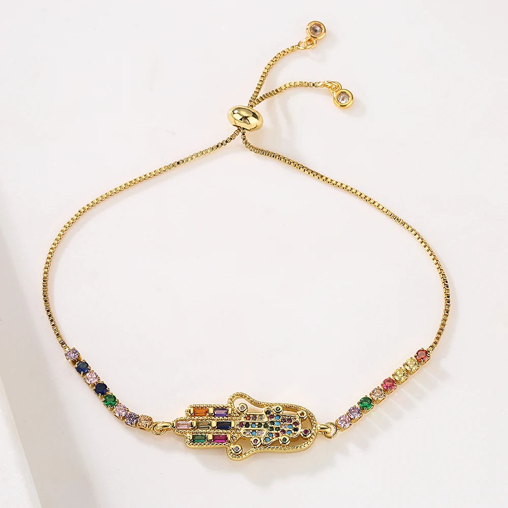 High Fatima Palm Bracelets with Zircon Inlay, Adjustable Chain Bracelet