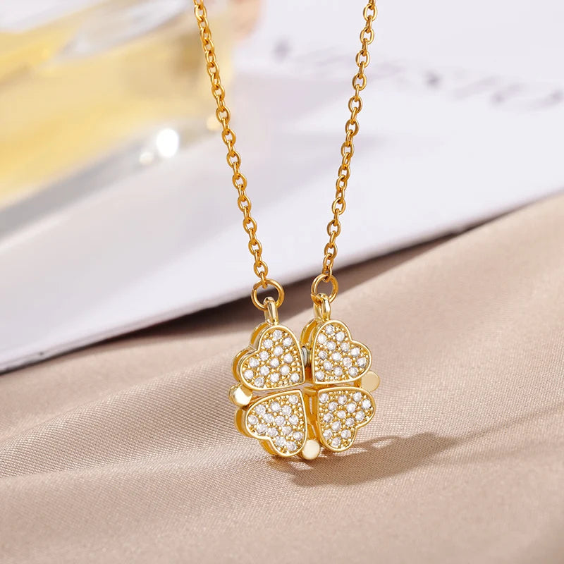 Four-leaf Clover Heart Pendant Necklace Stainless Steel Long Chains