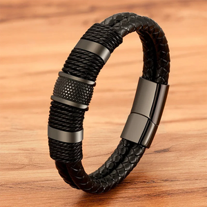 Men's Magnetic Leather Bracelet Stainless Steel Rope Wrap