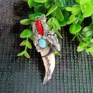 Hand Carved Antique Silver Inlaid Boar Tooth Dog Teeth Paws Necklace Pendant