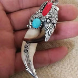 Hand Carved Antique Silver Inlaid Boar Tooth Dog Teeth Paws Necklace Pendant