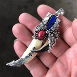 Hand Carved Antique Silver Inlaid Boar Tooth Dog Teeth Paws Necklace Pendant