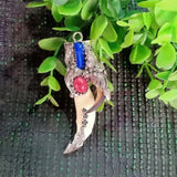 Hand Carved Antique Silver Inlaid Boar Tooth Dog Teeth Paws Necklace Pendant