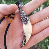 Hand Carved Tibetan Silver Inlaid Boar Tooth Necklace Pendant