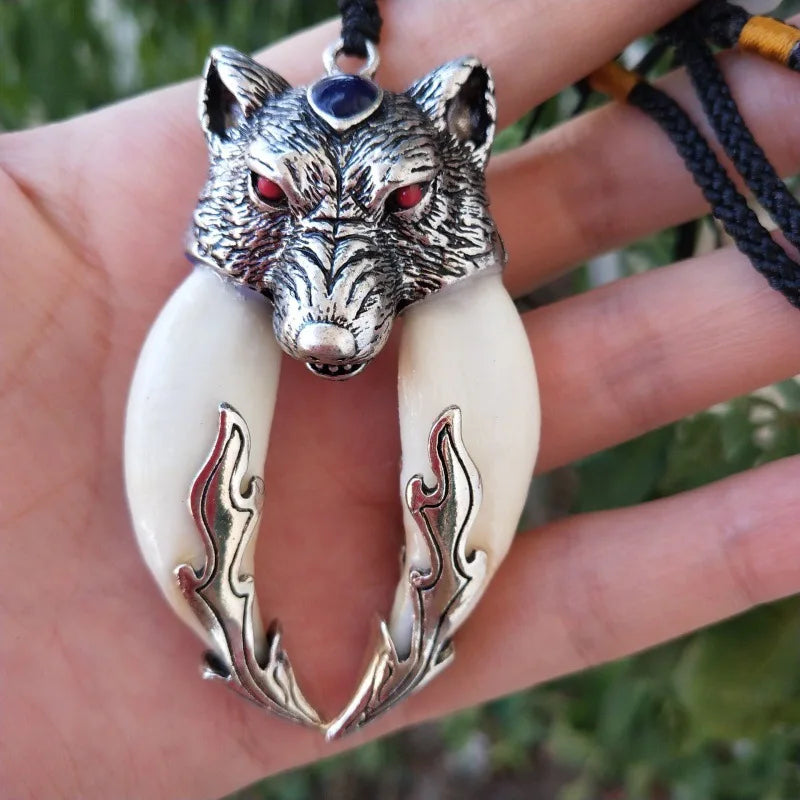 Hand Carved Tibetan Silver Inlaid Boar Tooth Necklace Pendant