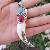 Hand Carved Tibetan Silver Inlaid Boar Tooth Necklace Pendant