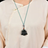 He Tian Cyan Jade Buddha Head Necklace Pendant Carved by Hand