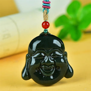 He Tian Cyan Jade Buddha Head Necklace Pendant Carved by Hand
