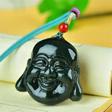 He Tian Cyan Jade Buddha Head Necklace Pendant Carved by Hand