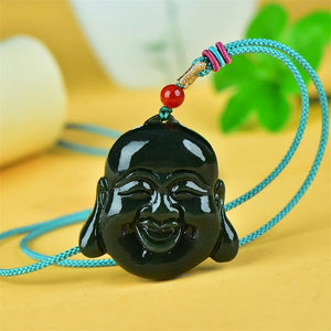 He Tian Cyan Jade Buddha Head Necklace Pendant Carved by Hand