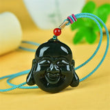 He Tian Cyan Jade Buddha Head Necklace Pendant Carved by Hand