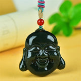 He Tian Cyan Jade Buddha Head Necklace Pendant Carved by Hand