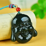 He Tian Cyan Jade Buddha Head Necklace Pendant Carved by Hand