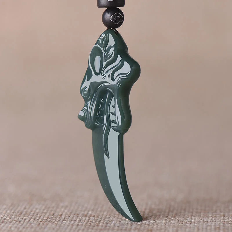 Hand Carved He Tian Cyan Jade Wolf Tooth Necklace Pendant
