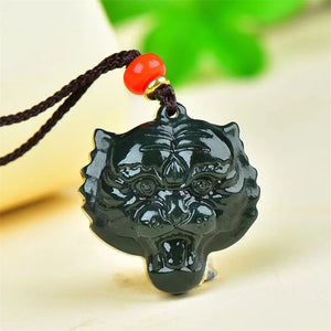 Hand Carved He Tian Cyan Jade Zodiac Tiger Head Necklace Pendant