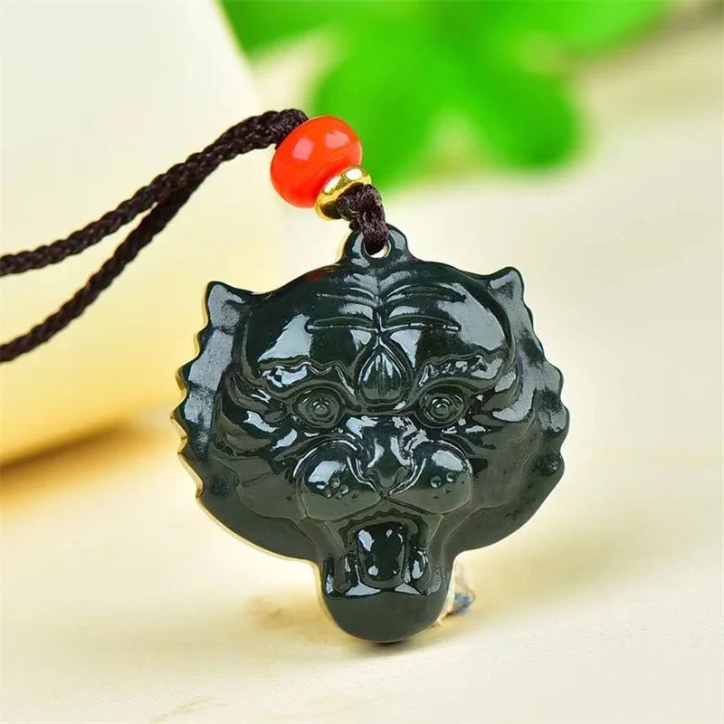 Hand Carved He Tian Cyan Jade Zodiac Tiger Head Necklace Pendant