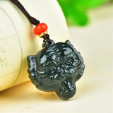 Hand Carved He Tian Cyan Jade Zodiac Tiger Head Necklace Pendant