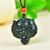 Hand Carved He Tian Cyan Jade Zodiac Tiger Head Necklace Pendant