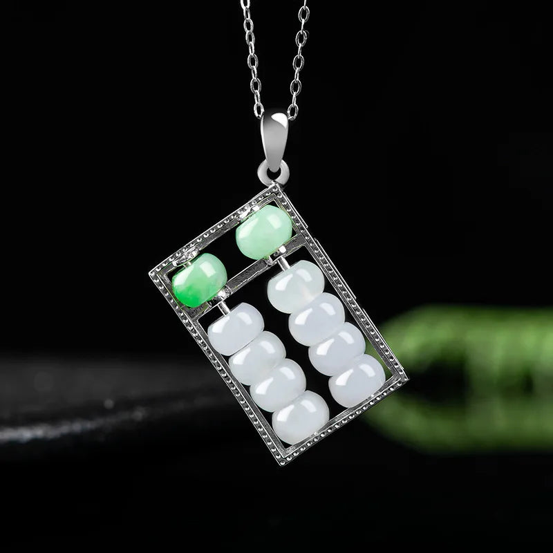 Hand Carved Jade Silver Inlaid Lucky Abacus Necklace Pendant