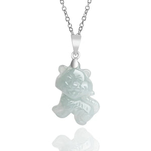 Hand Carved Jade Silver Inlay Zodiac Tiger Emerald Necklace Pendant