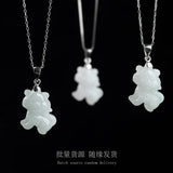 Hand Carved Jade Silver Inlay Zodiac Tiger Emerald Necklace Pendant