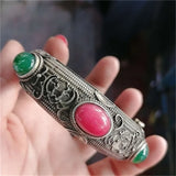 Red Green Jade Tibetan Silver Cuff Bracelet Charm Jewelry Bangles Women