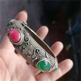 Red Green Jade Tibetan Silver Cuff Bracelet Charm Jewelry Bangles Women