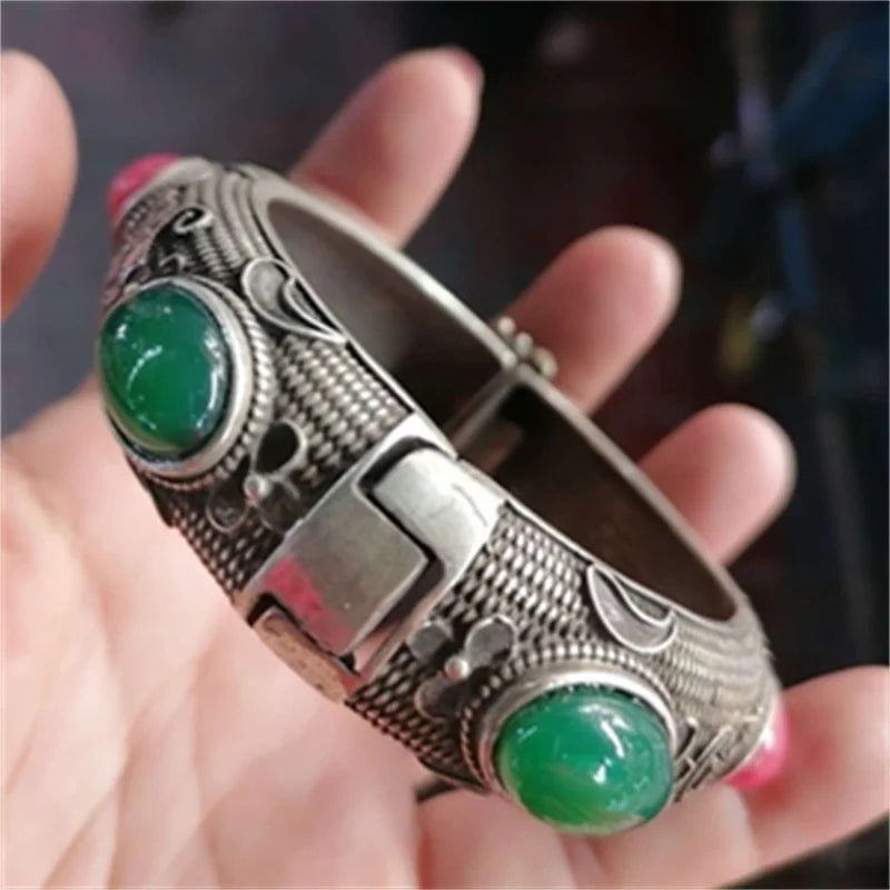Red Green Jade Tibetan Silver Cuff Bracelet Charm Jewelry Bangles Women
