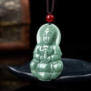 Hand Carved Jade Guanyin Buddha Emerald Necklace Pendant