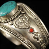 Tibetan Silver Inlaid Sapphire Cuff Bracelet Bangle for Men Women